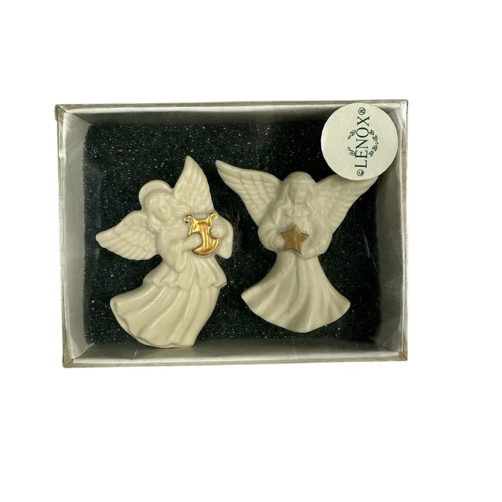 Lenox Vintage Angel Porcelain Brooch Pins Set Of 2 Angel Star & Angel Harp - Picture 7 of 8